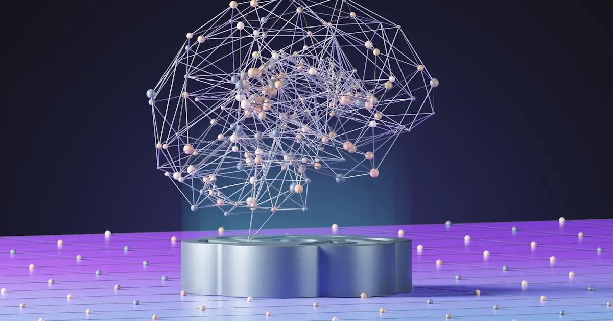Abstract digital sphere formed of glowing dots and connecting lines on a dark background