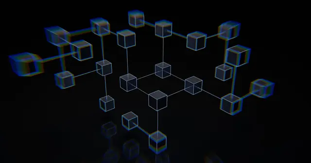 Abstract 3D illustration of connected blocks arranged on a dark background
