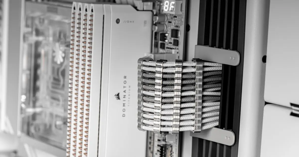 Close-up of server rack components with cables and indicator lights