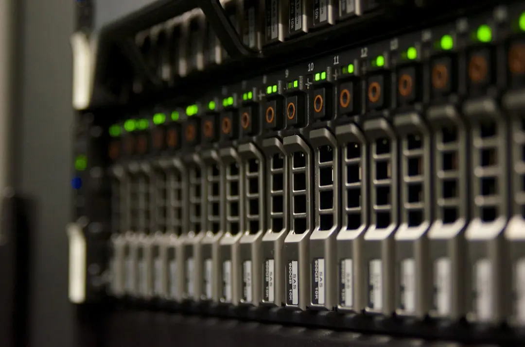 Rows of server racks with visible memory DIMM modules in blue slots.