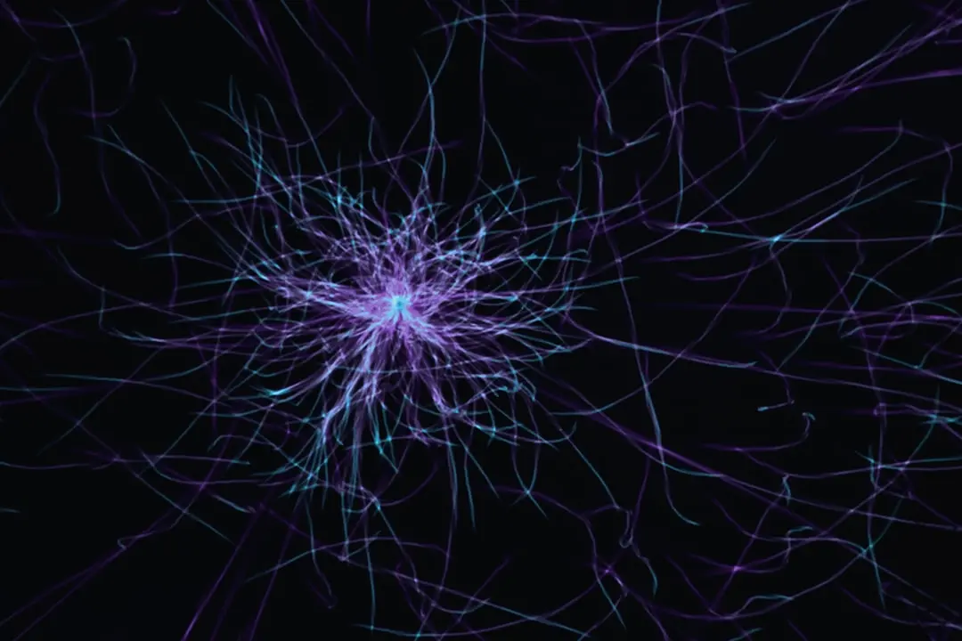 Abstract visualization of neural network layers with data flowing through connected nodes.