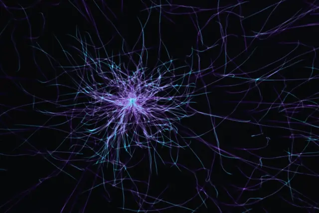 Abstract visualization of neural network layers with data flowing through connected nodes.